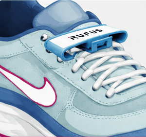 Tag RUFUS M8 Clip azul colocado en los cordones de una zapatilla